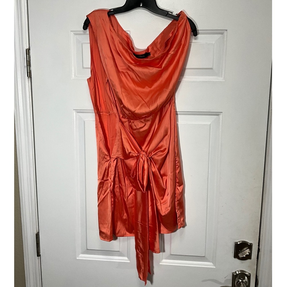 Zesica Coral Orange Satin Cowl Neck Tie Front Mini Dress Large